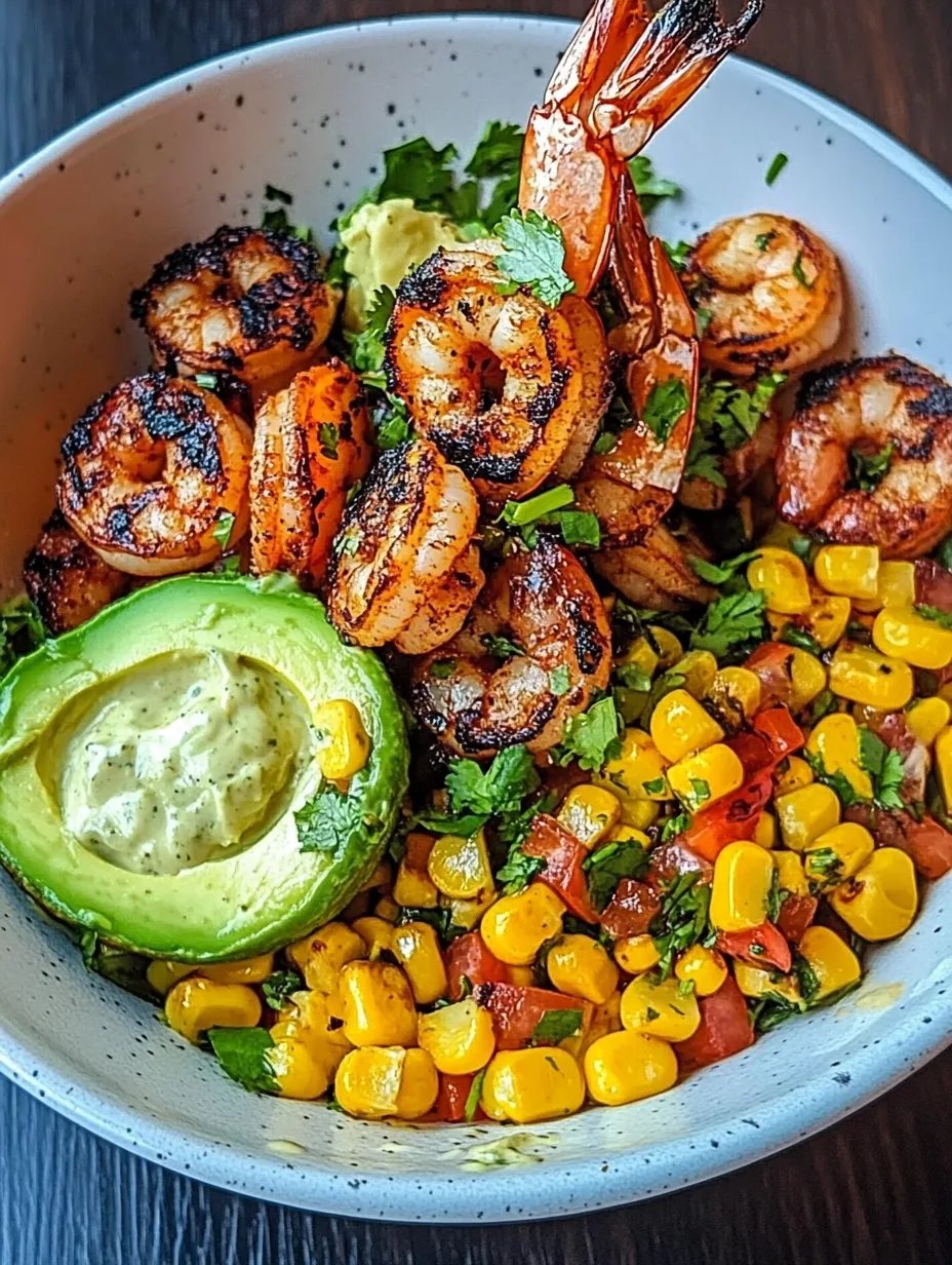 Grilled Shrimp Bowl with Avocado, Corn Salsa & Creamy Sauce